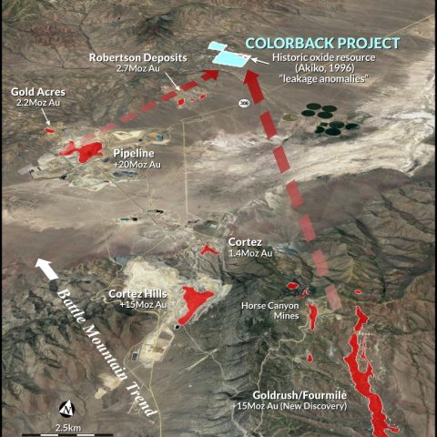 Oblique location diagram showing the Colorback Project, in proximity to nearby world class mines and discoveries